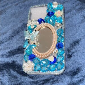 Blue Decorative Phone Case with Mirror and Butterfly Design